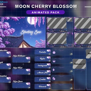 Animated Stream Package Cherry Blossom with Night Moon, Animated Twitch Overlay Sakura Stream Pack for Streamer, Vtuber Background