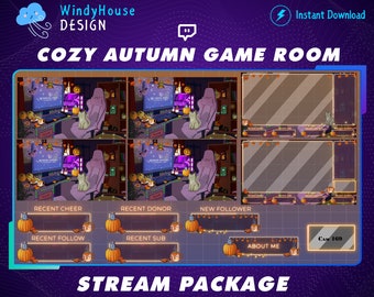 Animated Cozy Autumn Twitch Overlay Stream Package, Fall Twitch Overlay, Witchy Room Stream Overlay with Maple Leaf and Pumpkin Ghost
