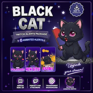 Peut inclure: Graphique numérique avec un chat noir aux détails roses tenant un drapeau rouge. Le texte comprend "BLACK CAT", "TWITCH ALERTS PACKAGE" et "6 ANIMATED ALERTS". Icônes et texte pour les emotes animées et fond transparent.