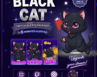 Animated Black Cat Twitch Alerts, Cat Stream Alerts Bundle, Cute Cat Twitch Discord Emotes