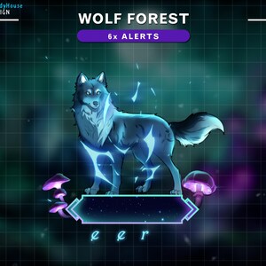 Op de afbeelding: Een digitale illustratie van een blauwe wolf met gloeiende blauwe energie, staand op een rasterachtergrond met paarse paddenstoelen. De tekst "WOLF FOREST" en "6x ALERTS" wordt boven de wolf weergegeven. De tekst "eer" wordt onder de wolf weergegeven.