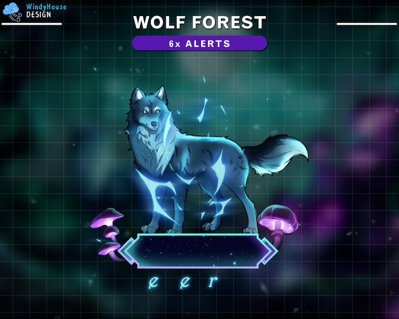 Op de afbeelding: Een digitale illustratie van een blauwe wolf met gloeiende blauwe energie, staand op een rasterachtergrond met paarse paddenstoelen. De tekst "WOLF FOREST" en "6x ALERTS" wordt boven de wolf weergegeven. De tekst "eer" wordt onder de wolf weergegeven.