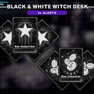 May include: Black and white witch desk alerts with a star and moon design. The alerts say "New Subscriber" and "New Donation".