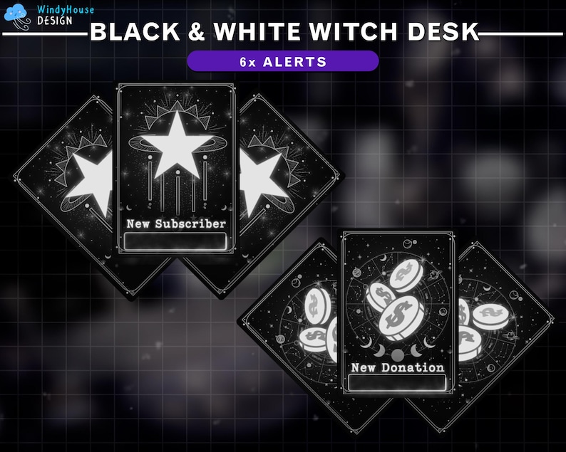 May include: Black and white witch desk alerts with a star and moon design. The alerts say "New Subscriber" and "New Donation".