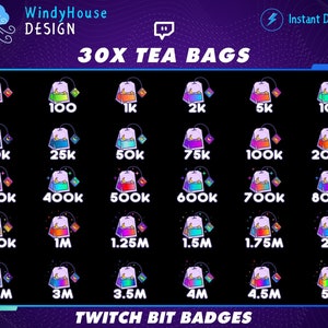 Pode incluir: Um conjunto de emblemas de bits do Twitch com designs de saquinhos de chá, exibindo números de 1 a 5M. Cada emblema tem um esquema de cores exclusivo e uma lua crescente. O texto "WindyHouse DESIGN" e "Instant Download" também é visível.