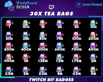 30x Tea Bags Twitch Bit Badges, Full Twitch Bit Badges Set, Twitch Tier Badges For Streamers/Discord