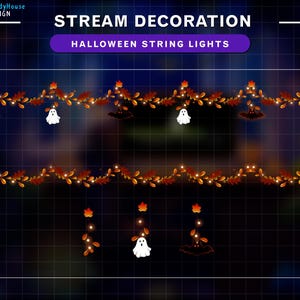May include: Digital illustration of Halloween string lights with a dark background. The text "STREAM DECORATION" and "HALLOWEEN STRING LIGHTS" are displayed. The lights are designed with autumn leaves, small white ghosts, and orange lights.