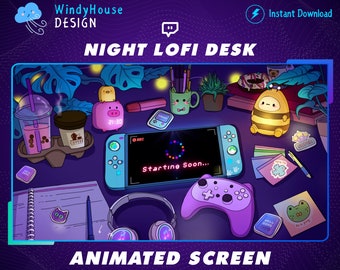 Gemütlicher Twitch Overlay Stream Screen, Lofi Schreibtisch Twitch Overlay, Nacht Theme Overlay für Twitch