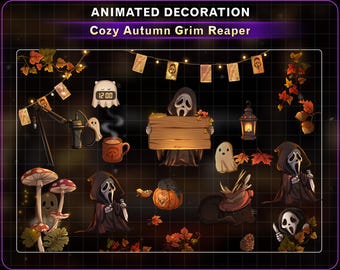 23x Animated Cozy Autumn Grim Reaper Decoration, Maple Leaf, Halloween Twitch Overlay Decor, Ghost Fall Stream Assets for OBS, Vtuber Stream