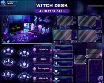 Animated Stream Package Witch Desk, Goth Twitch Overlay with Tarrot Card, PC Setup, Ghost, Skull, Candle, Poison...