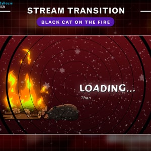 Animated Stream Transition Black Cat on the Fire, Winter Twitch OBS Scenes Stinger, Twitch Transition with Snow Falling Red Background