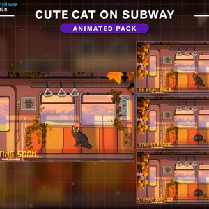 May include: Animated stream overlay pack featuring a cute black cat sitting in a subway carriage with autumn leaves outside the windows. The overlay includes four different screens: starting soon, be right back, stream ending, and stream offline.