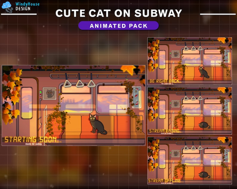 May include: Animated stream overlay pack featuring a cute black cat sitting in a subway carriage with autumn leaves outside the windows. The overlay includes four different screens: starting soon, be right back, stream ending, and stream offline.
