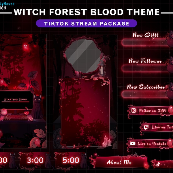 Animated Witch Forest TikTok Stream Package Blood Theme – Spooky Overlay with Ghosts, Black Cat, Enchanted Forest Overlay for Streamer