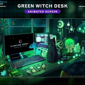 Geanimeerde Twitch-schermen Black Cat Witch Desk, Goth Green-thema Twitch-overlay met Tarrot-kaart, pc-configuratie, geest, schedel, kaars, gif...