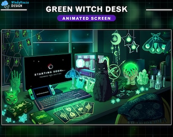 Animated Twitch Screens Black Cat Witch Desk, Goth Green Theme Twitch Overlay with Tarrot Card, PC Setup, Ghost, Skull, Candle, Poison...