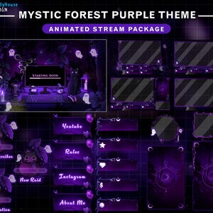 Animiertes Mystic Forest Lila Theme Stream Paket, Hexen Schreibtisch Twitch Overlay mit Schwarzer Katze, süßem Geist, leuchtenden Pflanzen, Dunkel verzaubert