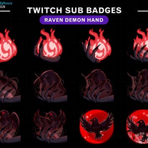 Puede incluir: Un conjunto de insignias de suscripción de Twitch con el tema de la mano de demonio cuervo. Las insignias incluyen imágenes de llamas, manos, cuervos y círculos rojos. El texto "TWITCH SUB BADGES" y "RAVEN DEMON HAND" se muestra en la parte superior.