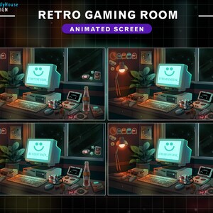 K&ouml;nnte beinhalten: Ein Retro-Gaming-Raum mit vier animierten Bildschirmen, die jeweils ein Smiley-Gesicht zeigen. Die Bildschirme befinden sich an Computern mit Tastaturen und anderem Gaming-Zubeh&ouml;r. Der Raum ist in einem dunkelblauen und violetten Farbschema dekoriert.