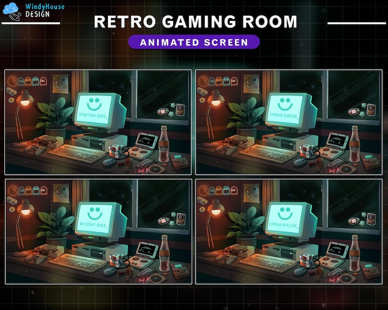 K&ouml;nnte beinhalten: Ein Retro-Gaming-Raum mit vier animierten Bildschirmen, die jeweils ein Smiley-Gesicht zeigen. Die Bildschirme befinden sich an Computern mit Tastaturen und anderem Gaming-Zubeh&ouml;r. Der Raum ist in einem dunkelblauen und violetten Farbschema dekoriert.