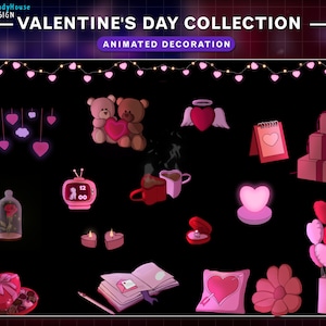 May include: A collection of animated Valentine's Day decorations, including a pair of teddy bears holding hearts, a heart-shaped lamp, a clock, a coffee cup, a ring box, a flower, and a gift box. The decorations are on a black background with a string of lights.