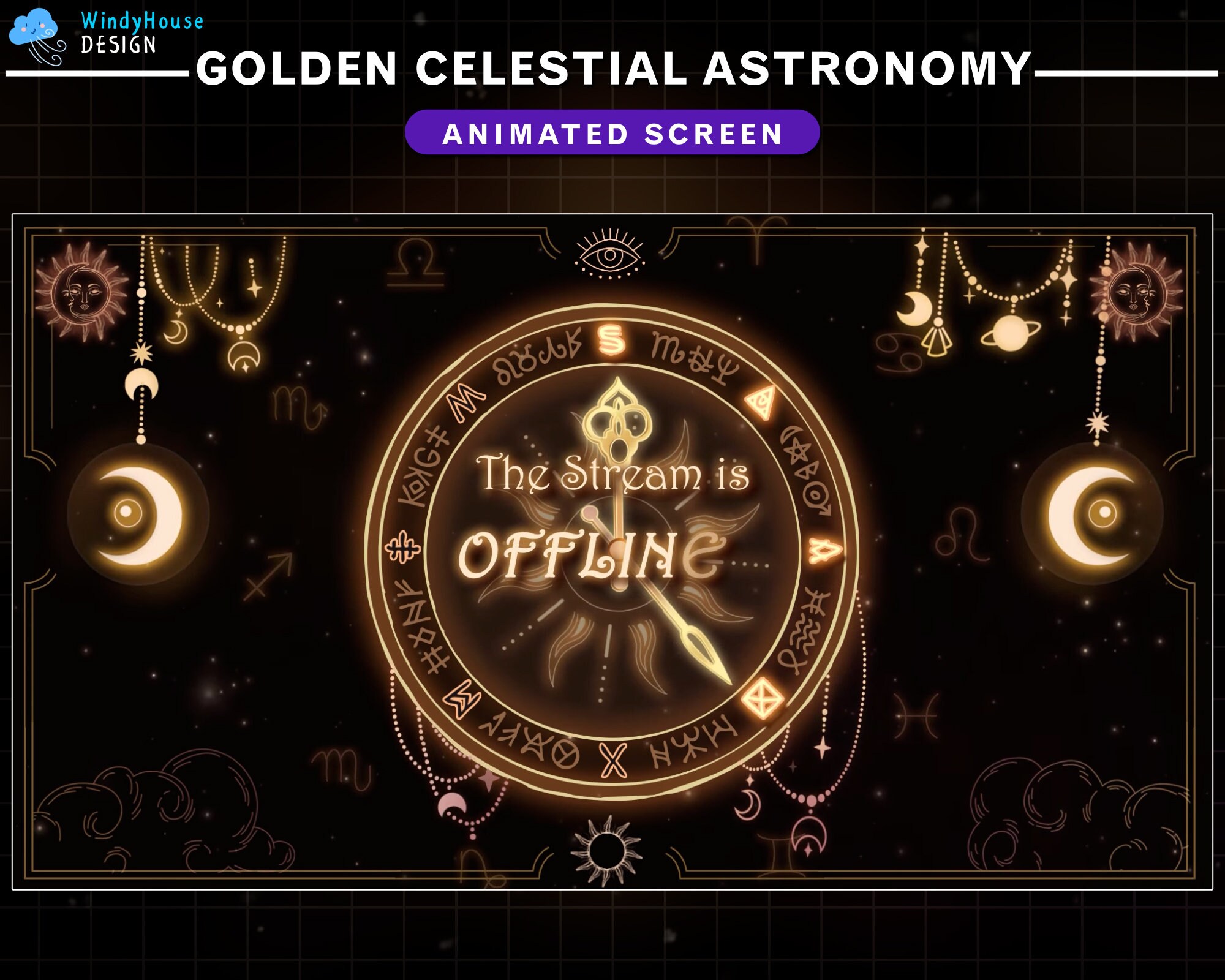 Animated Golden Celestial Astronomy Twitch Screens, Sun and Moon Tarot ...