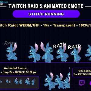 May include: Animated Twitch emote featuring the character Stitch running. The image includes the text "TWITCH RAID & ANIMATED EMOTE" and "STITCH RUNNING". The emote is available in various sizes, optimized for Twitch and Discord.