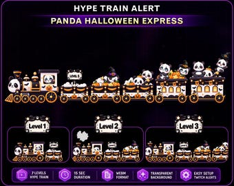 Animated Witch Panda Express Hype Train Alert, Halloween Panda Twitch Hype Alert for OBS Streamlabs Kick VTuber with Ghost, Skull, Pumpkin