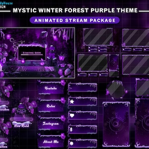 Op de afbeelding: Een digitaal kunstpakket met een mystiek winterbos paars thema. Het ontwerp bevat geanimeerde stream overlays, panelen en schermen. De tekst bevat "Starting Soon", "Youtube", "Rules", "Instagram" en "About Me".