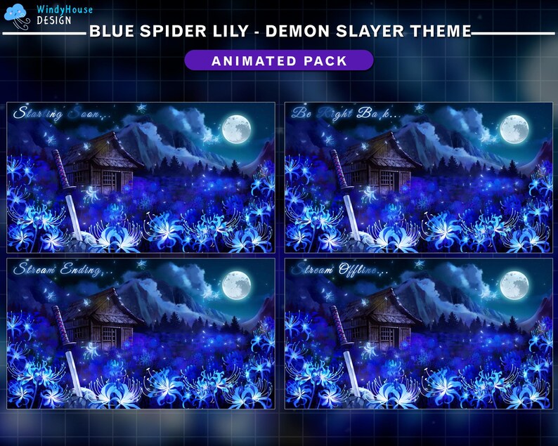 Puede incluir: Paquete animado con tem&aacute;tica de Demon Slayer. El dise&ntilde;o presenta una escena nocturna con una casa tradicional japonesa, una luna llena y lirios ara&ntilde;a azules. El texto incluye "Starting Soon", "Be Right Back", "Stream Ending" y "Stream Offline".