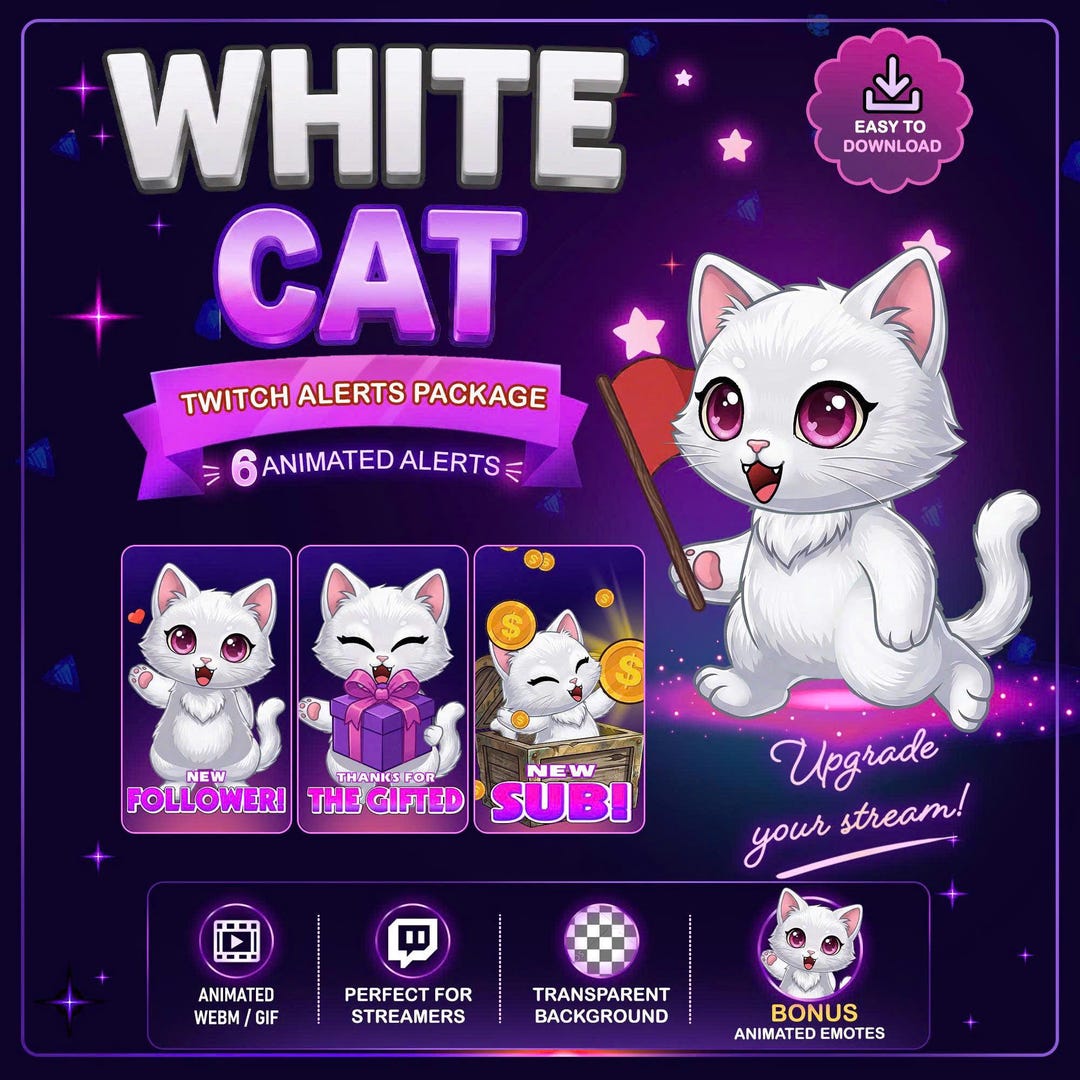 Cute White Cat Animated Twitch Alerts Pack, Kawaii Cat Stream Alerts ...