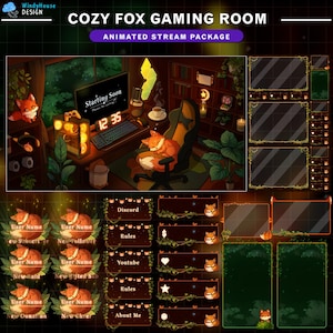 Gezellige Fox Gaming Room Twitch Stream-pakket, geanimeerde overlayset met schattige vos, groen, wijnstokken, esthetische Twitch-overlay voor OBS, Streamlap