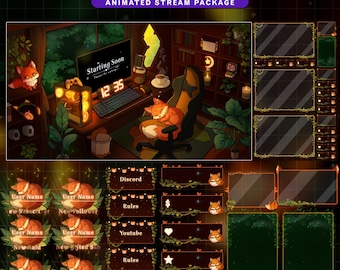 Cozy Fox Gaming Room Twitch Stream Package, Animated Overlay Set with Cute Fox, Greenery, Vines, Aesthetic Twitch Overlay for OBS, Streamlap