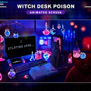Animated Twitch Screens Witch Desk Poison, Halloween Lofi Desk , Halloween Room Stream Screens with Black Cat, Spider, Ghost, Skull...