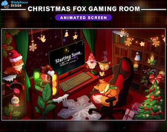 Könnte beinhalten: Ein Weihnachts-Gaming-Zimmer mit einem roten Gaming-Sessel, einem Computermonitor, der "Starting Soon" anzeigt, einem Fuchs-Plüschtier und einem Weihnachtsbaum mit Ornamenten.