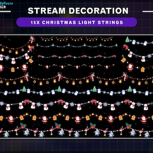 Könnte beinhalten: Eine Sammlung von 15 Weihnachts-Lichterketten mit verschiedenen festlichen Designs, darunter Schneemänner, Weihnachtsmänner, Geschenkboxen und Zuckerstangen. Die Lichter sind auf schwarzem Hintergrund angeordnet, ideal für die digitale Stream-Dekoration.