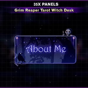 K&ouml;nnte beinhalten: Eine digitale Grafik mit dem Text "35X PANELS" und "Grim Reaper Tarot Witch Desk". Ein rechteckiges Panel mit den Worten "About Me" wird gezeigt, zusammen mit einer Rabensilhouette und einer geisterhaften Figur.
