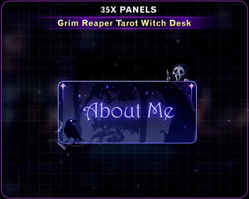 K&ouml;nnte beinhalten: Eine digitale Grafik mit dem Text "35X PANELS" und "Grim Reaper Tarot Witch Desk". Ein rechteckiges Panel mit den Worten "About Me" wird gezeigt, zusammen mit einer Rabensilhouette und einer geisterhaften Figur.