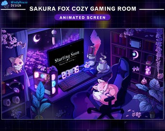 Sakura Fox Cozy Gaming Stream Screens, Animated Fox Twitch Overlays (Digital Download)