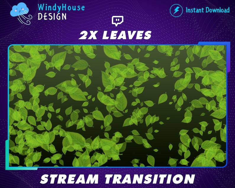 May include: A green leaf stream transition effect for video editing. The image shows a dark background with many green leaves falling from the top of the screen. The text "2X LEAVES" and "STREAM TRANSITION" are visible in the image.