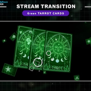 Geanimeerde groene tarotkaart stroomovergang, celestial twitch-overgang met maan, zon, ster, nachtelijke hemel...