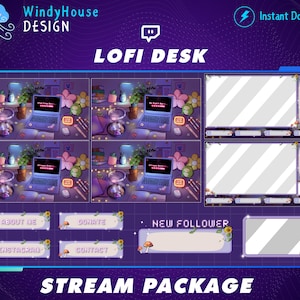Animated Twitch Overlay Cozy Lofi Desk Stream Package, Lofi Desk Stream Overlay, Lofi Twitch Overlay with Laptop, Ramen, Headphone
