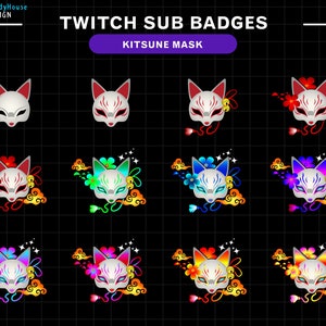 Kitsune Mask Twitch Sub Badges, Fox Mask Twitch Badges for Streamers, YouTubers & Discord