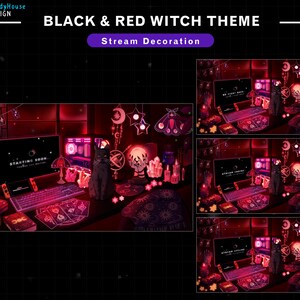 May include: A black and red witch themed stream decoration with a black cat, candles, and tarot cards. The text "STARTING SOON..." is displayed on a computer screen.