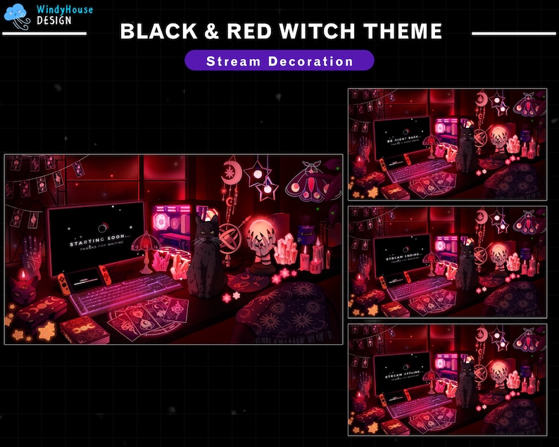 May include: A black and red witch themed stream decoration with a black cat, candles, and tarot cards. The text "STARTING SOON..." is displayed on a computer screen.