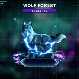 Op de afbeelding: Een blauwe wolf met gloeiende blauwe energie eromheen, staand op een platform met een ruimteachtergrond. De tekst "WOLF FOREST" en "6x ALERTS" wordt boven de wolf weergegeven.