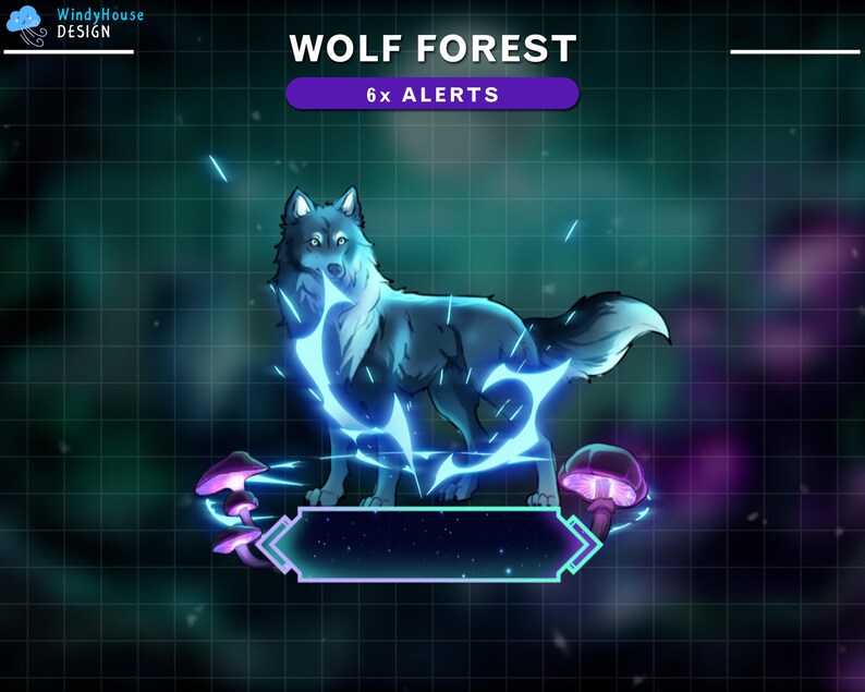 Op de afbeelding: Een blauwe wolf met gloeiende blauwe energie eromheen, staand op een platform met een ruimteachtergrond. De tekst "WOLF FOREST" en "6x ALERTS" wordt boven de wolf weergegeven.