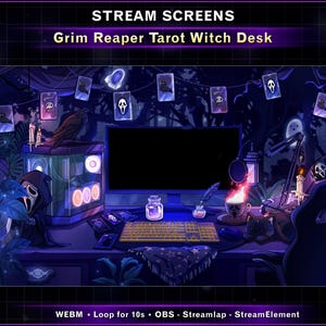 K&ouml;nnte beinhalten: Digitale Illustration eines Grim Reaper Tarot Witch Desks, mit einem Computer-Setup mit Tastatur, Maus und Monitor. Die Szene ist mit Tarotkarten, einem Raben und einer gruseligen &Auml;sthetik dekoriert. Der Text "STREAM SCREENS" und "Grim Reaper Tarot Witch Desk" sind sichtbar.