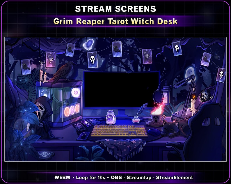 K&ouml;nnte beinhalten: Digitale Illustration eines Grim Reaper Tarot Witch Desks, mit einem Computer-Setup mit Tastatur, Maus und Monitor. Die Szene ist mit Tarotkarten, einem Raben und einer gruseligen &Auml;sthetik dekoriert. Der Text "STREAM SCREENS" und "Grim Reaper Tarot Witch Desk" sind sichtbar.