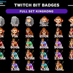 Pode incluir: Um conjunto de 20 emblemas de bits do Twitch com um macaco King Kong de desenho animado em várias poses e cores. Os emblemas representam diferentes marcos de bits, começando em 1 bit e chegando a 5 milhões de bits.